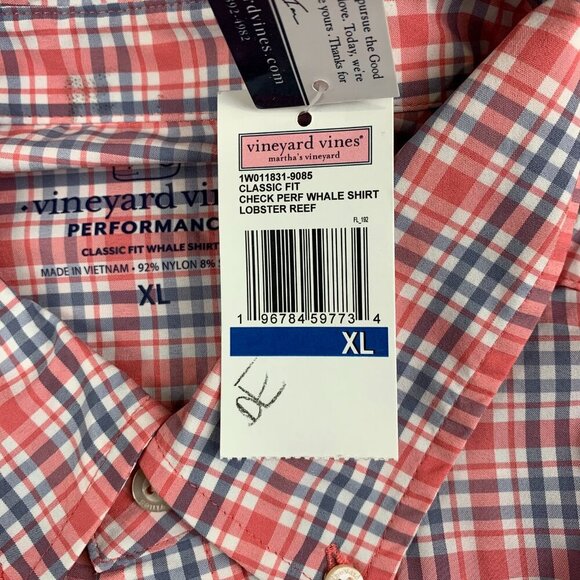 Vineyard Vines Performance Mens Whale Shirt XL Pink Blue Plaid Button Up Classic - Picture 5 of 11